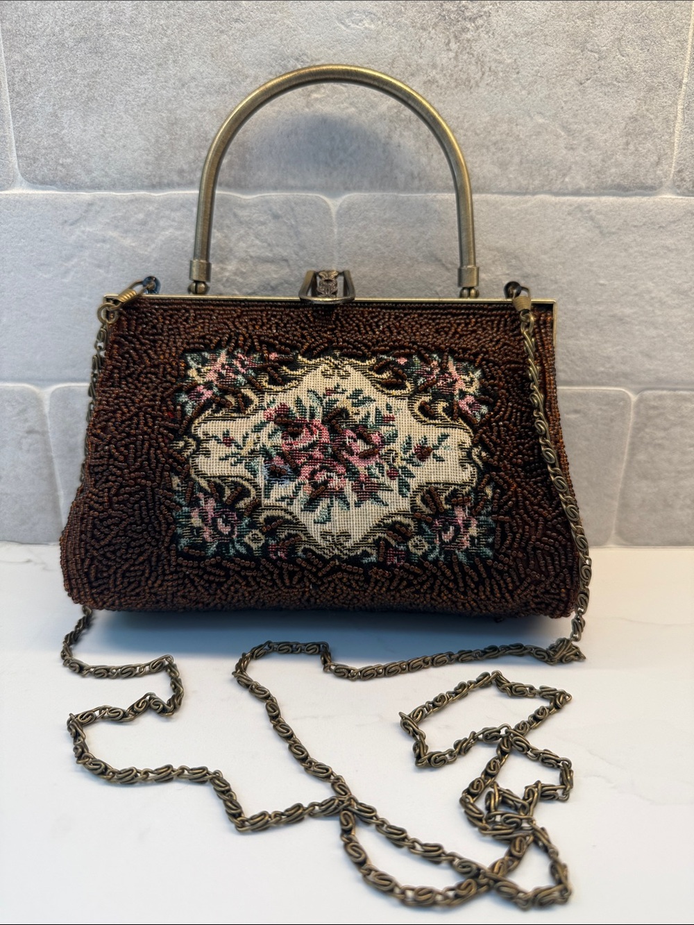 Vintage-Inspired Brown Beaded Floral Women's Handbag